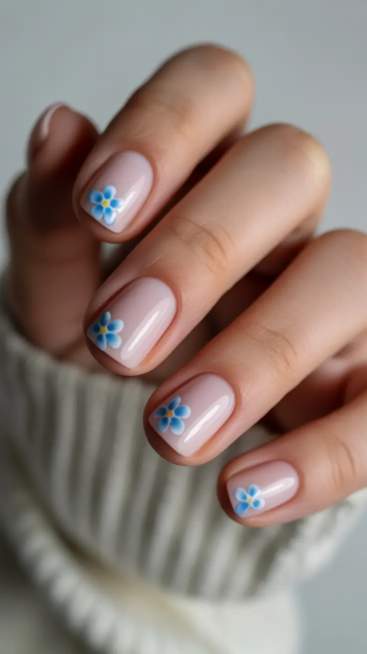 elegant cute spring nails 2026 Minimal Blue Florals on Soft Nude Short Nails