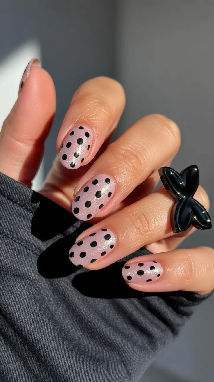elegant cute spring nails 2026 Sheer Pink with Playful Polka Dots