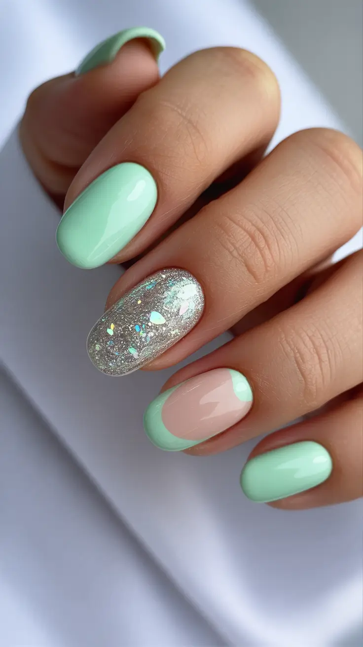 elegant cute spring nails 2026 Mint Green with Subtle Glitter Accent