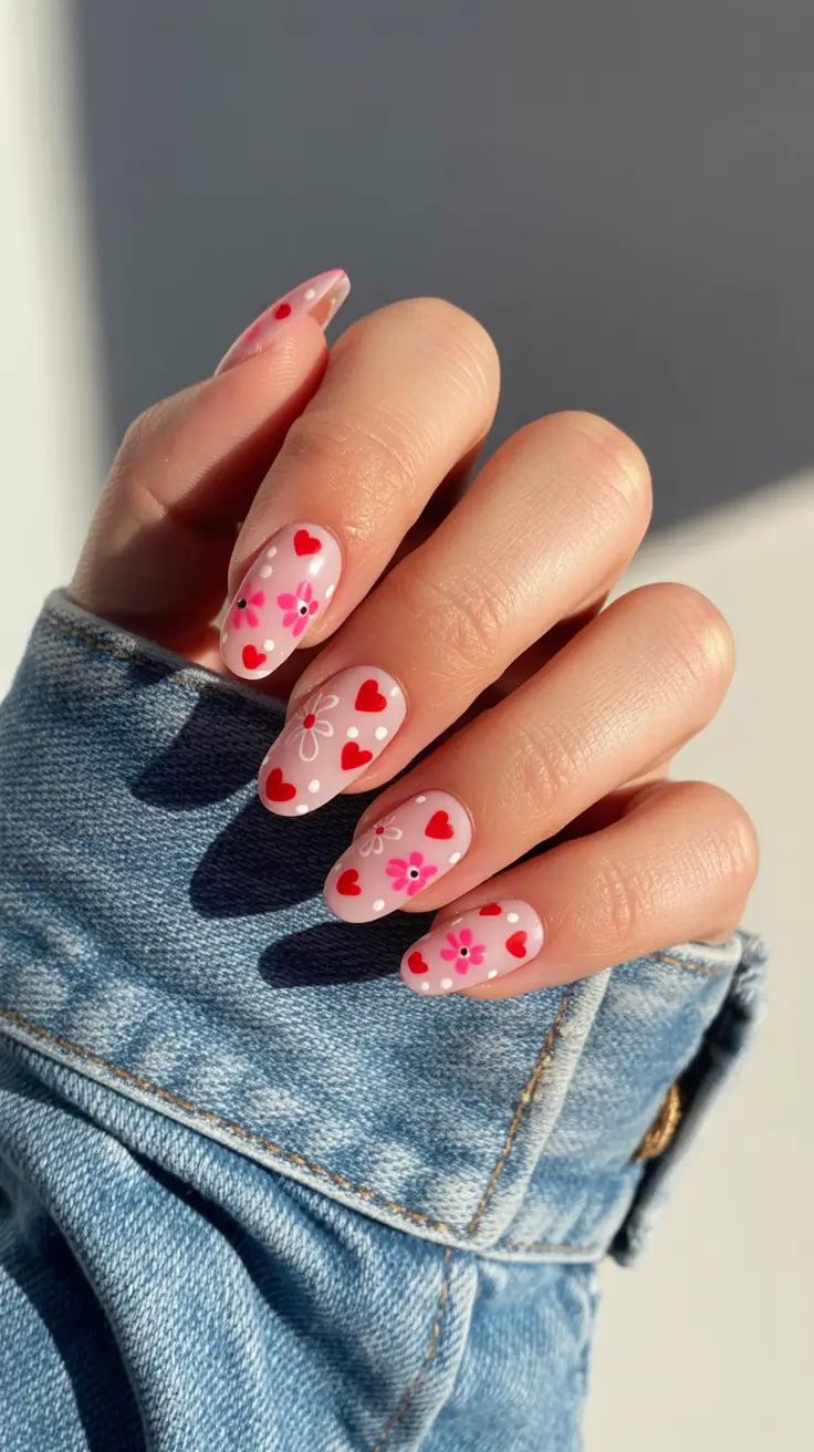 elegant cute spring nails 2026 Romantic Hearts on Soft Nude Base