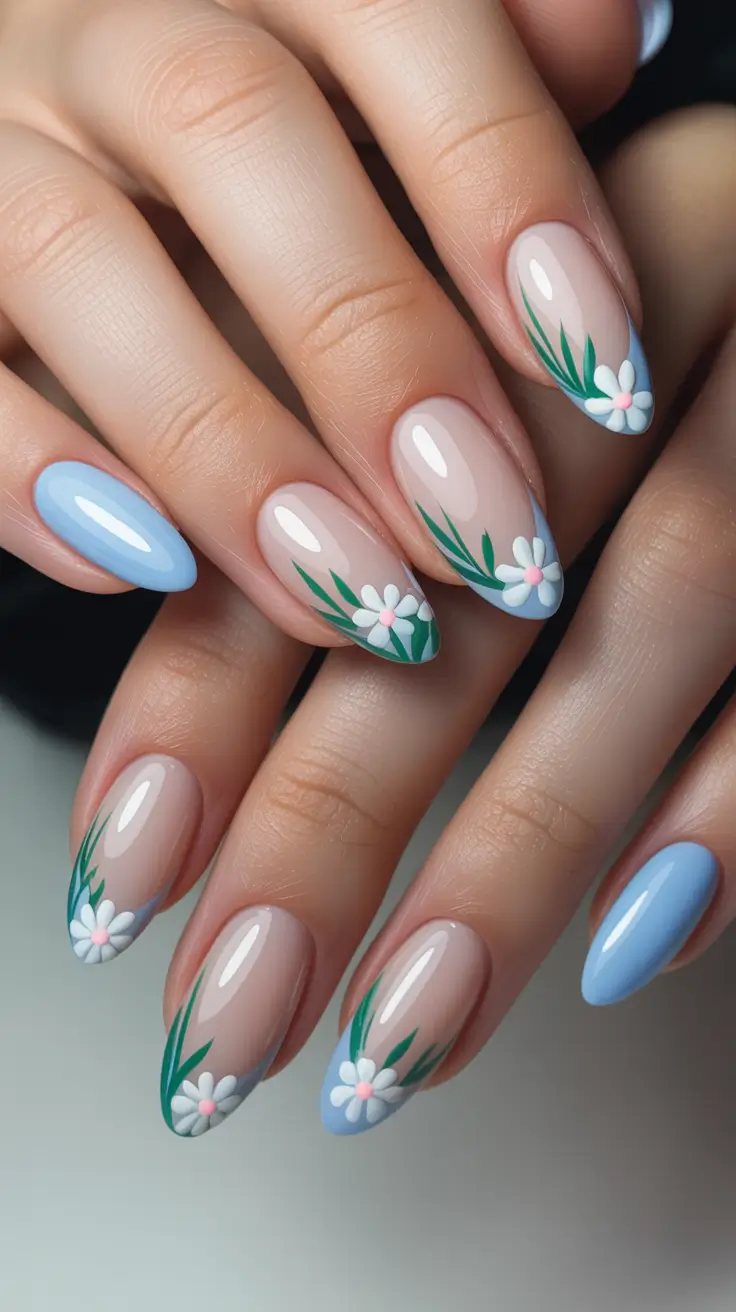 elegant cute spring nails 2026 Powder Blue Florals on Natural Almond