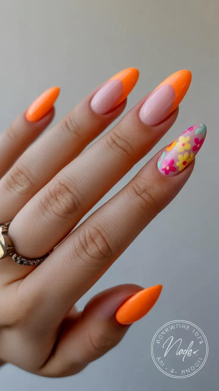 elegant cute spring nails 2026 Vibrant Orange with Floral Accent Art