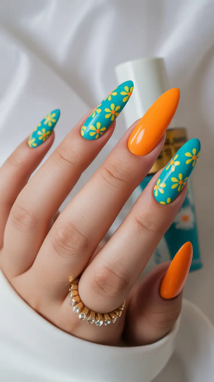 elegant cute spring nails 2026 Turquoise and Tangerine Floral Mix
