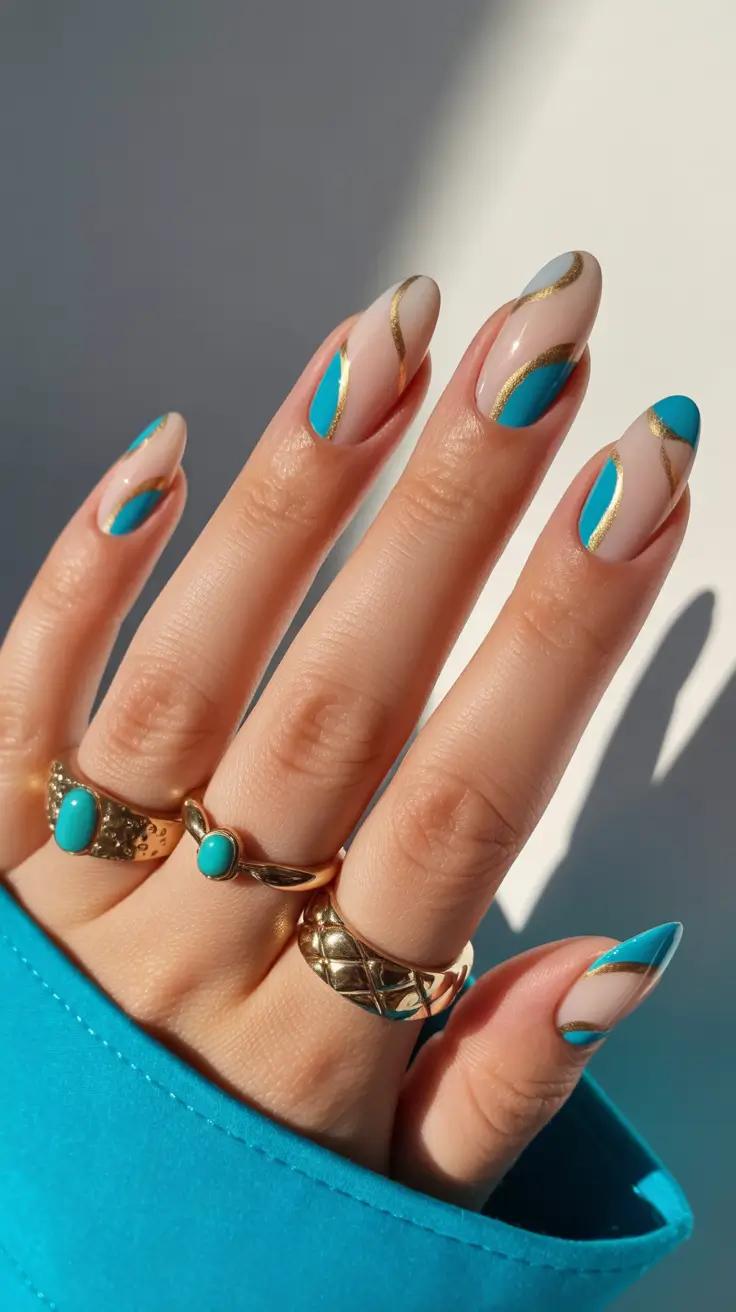 glam spring gel nails 2026 turquoise almond