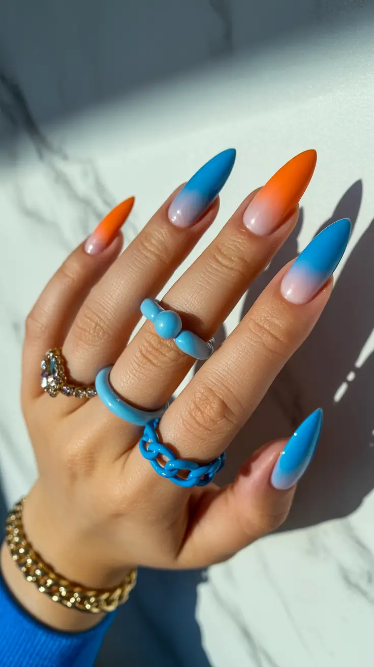 spring gel nails 2026 blue orange ombre