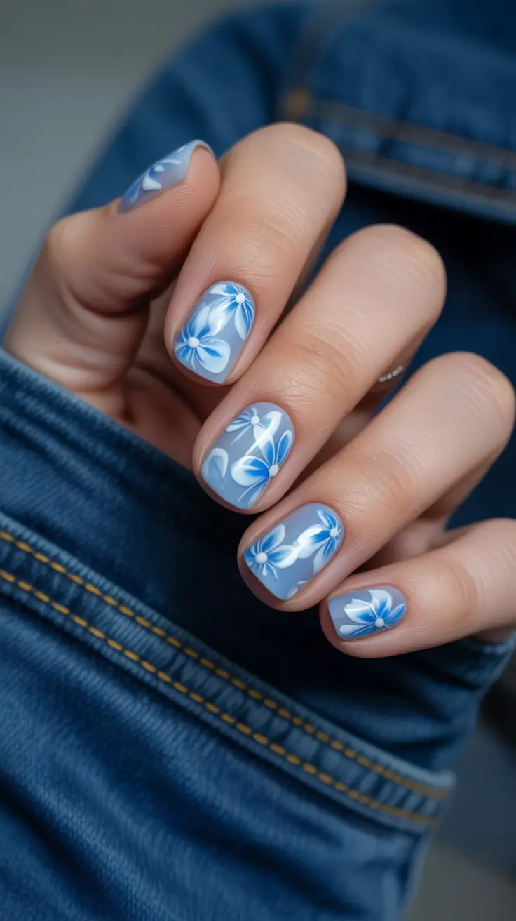 glam spring gel nails 2026 blue floral