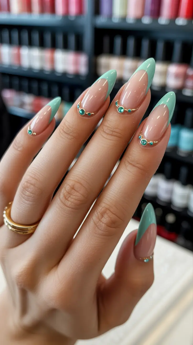 glam spring gel nails 2026 green french tip