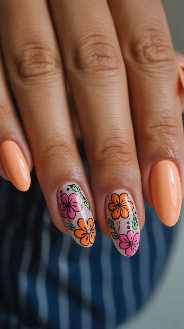 glam spring gel nails 2026 peach floral