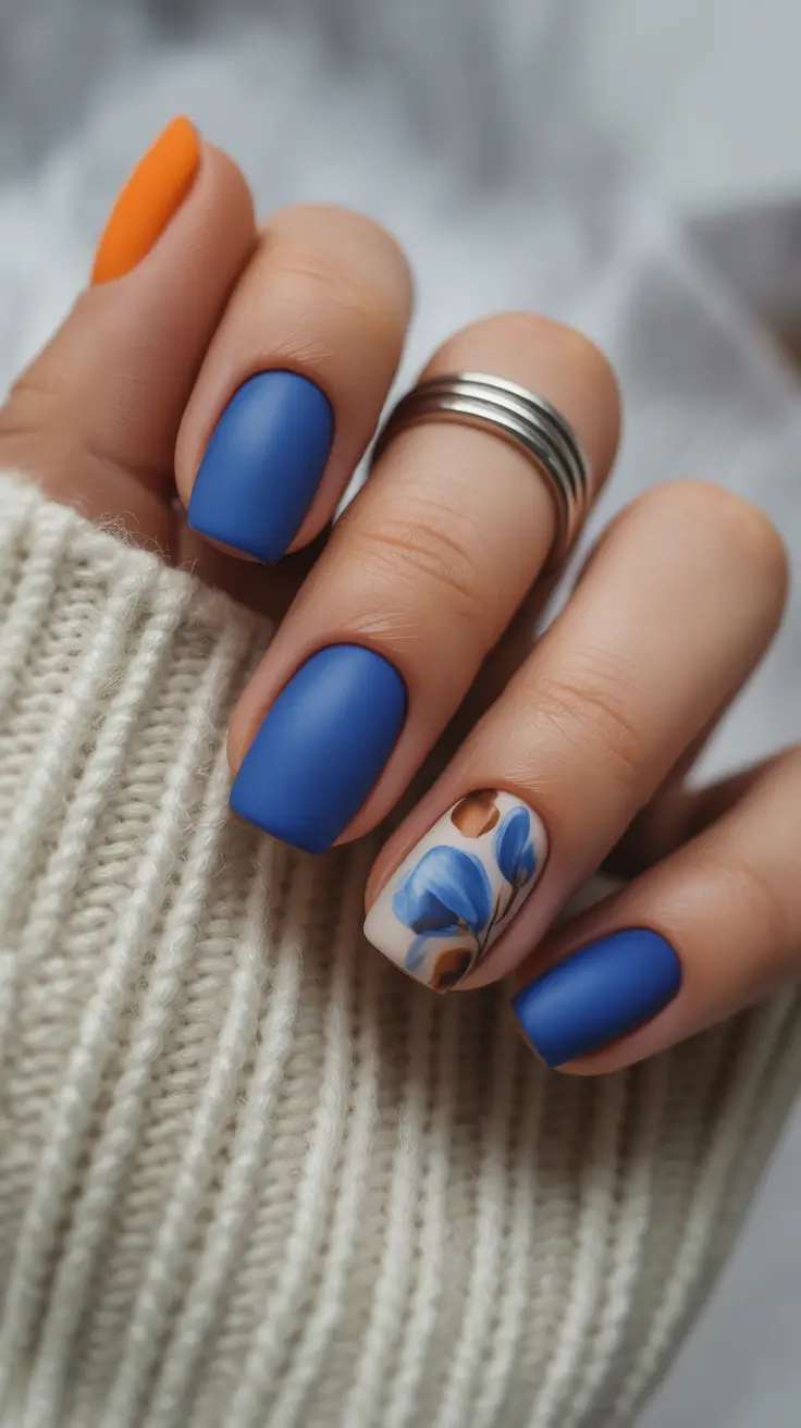 spring gel nails 2026 blue matte floral