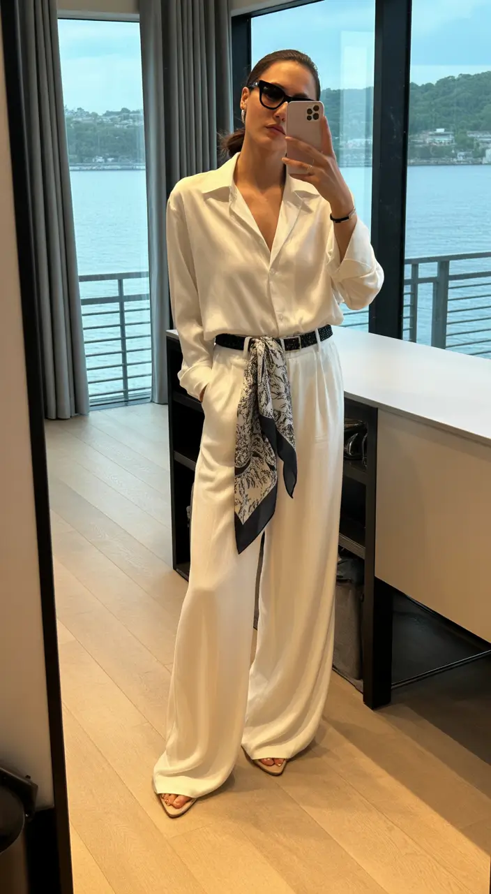 Women 2026 Silky All-White With a Statement Scarf