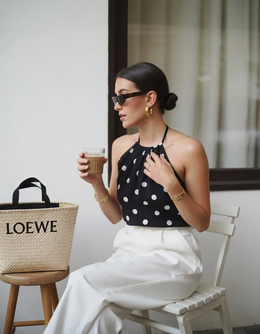 Women 2026 Polka-Dot Elegance With Tailored White Trousers