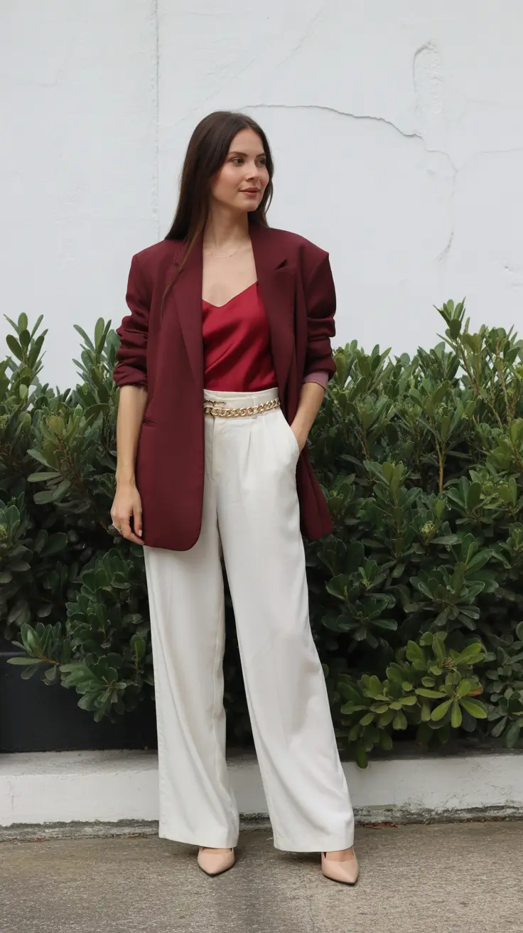 Women 2026 Red Satin And Tailored Neutrals With a Bordeaux Blazer