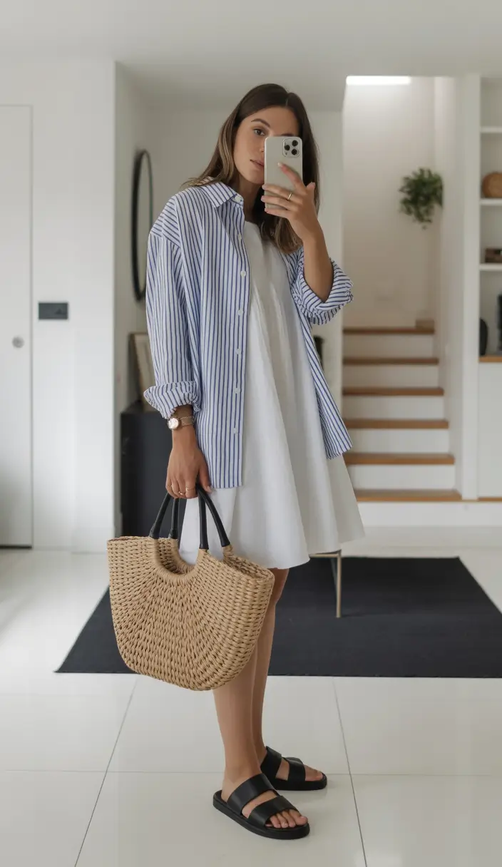 natural spring vacation outfits 2026 Breezy Blue Stripes for an Early Spring Market Stroll