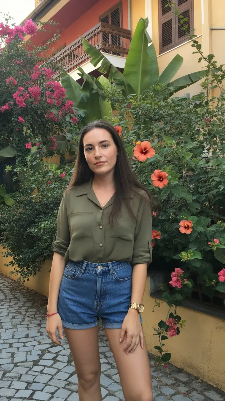 natural spring vacation outfits 2026 Olive Button-Down and Denim Shorts for Warm Mediterranean Streets