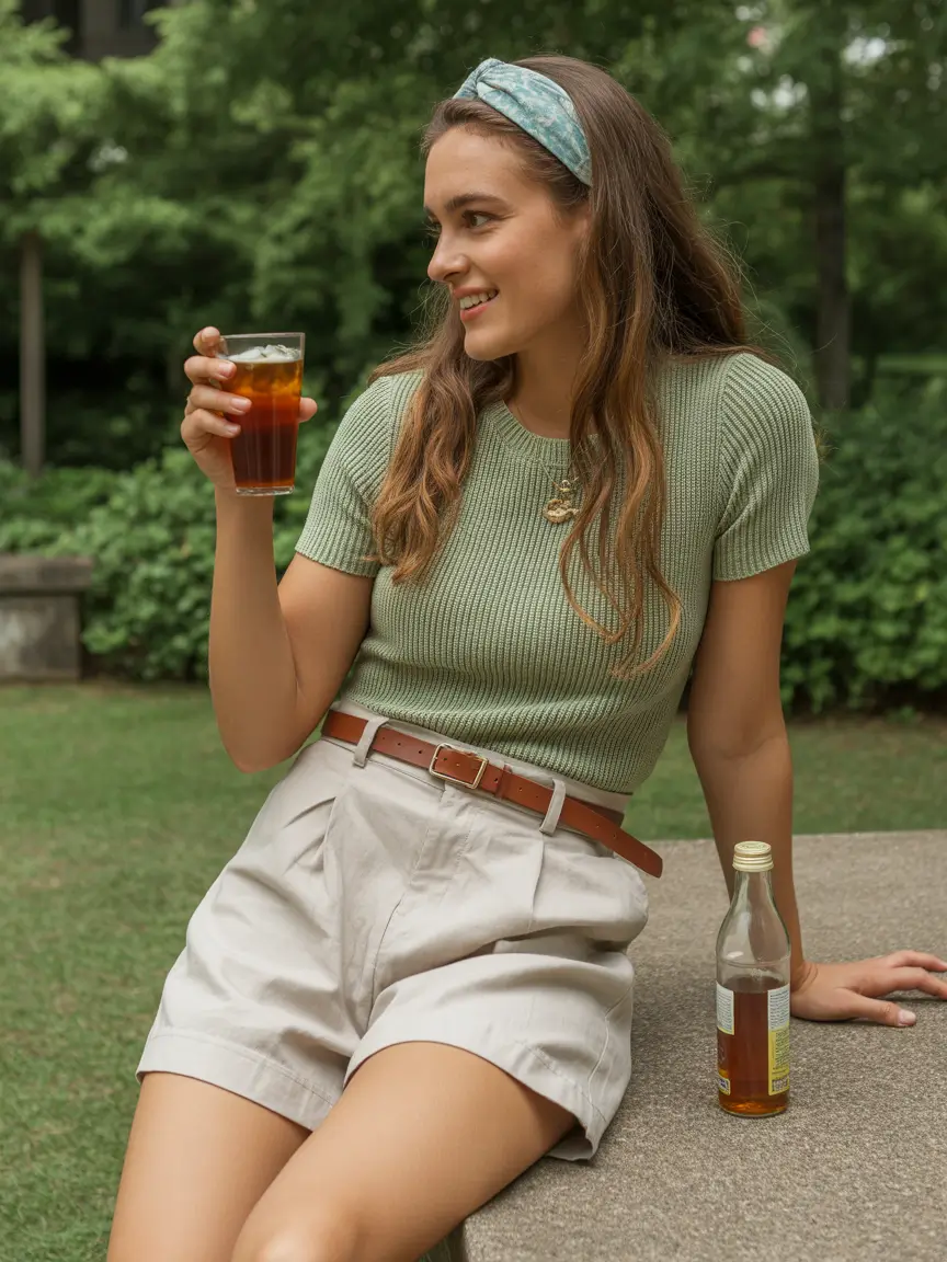 natural spring vacation outfits 2026 Mint Knit Tee and Pleated Shorts for Soft Early Spring Days
