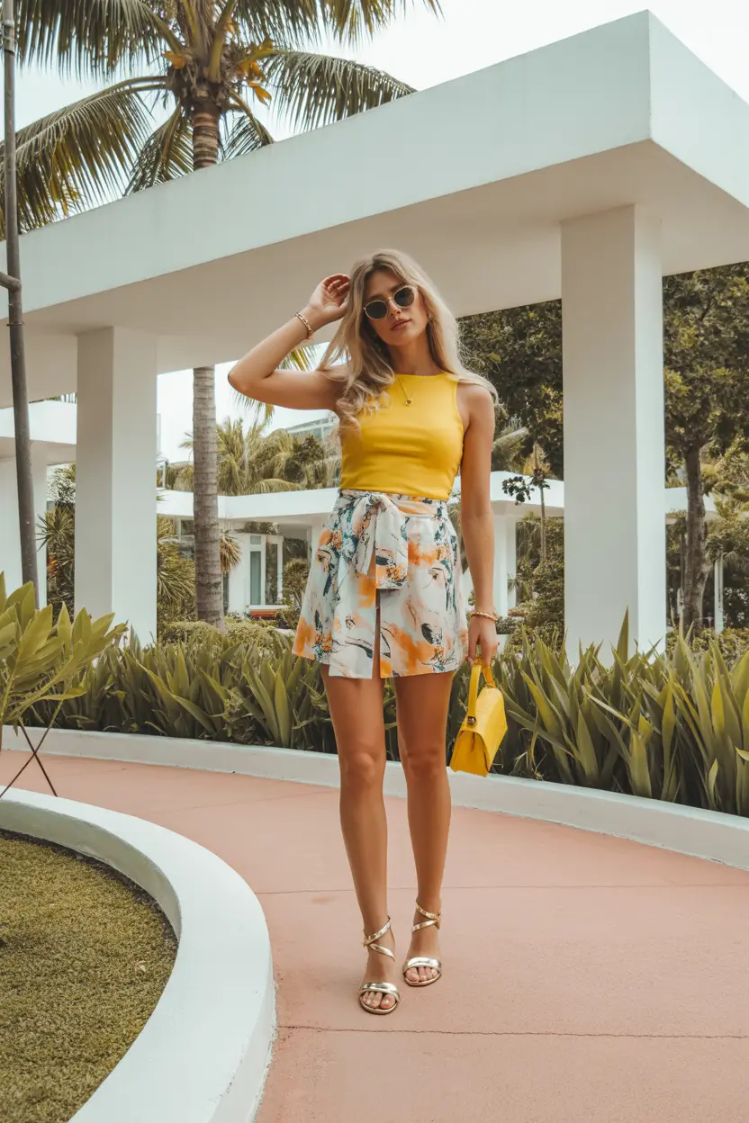 natural spring vacation outfits 2026 Yellow Tank and Floral Shorts for Sunshine-Drenched Adventures