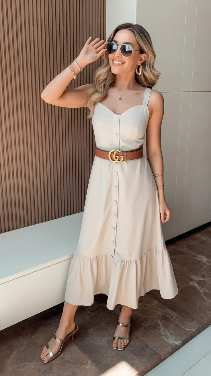 natural spring vacation outfits 2026 Button-Front Cream Midi Dress for Sophisticated Spring Moments