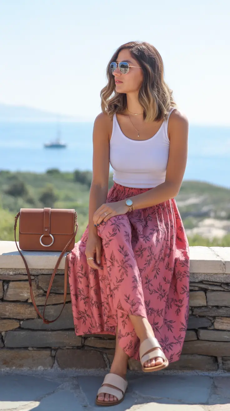 natural spring vacation outfits 2026 White Tank and Printed Pink Maxi Skirt for Relaxed Coastal Charm
