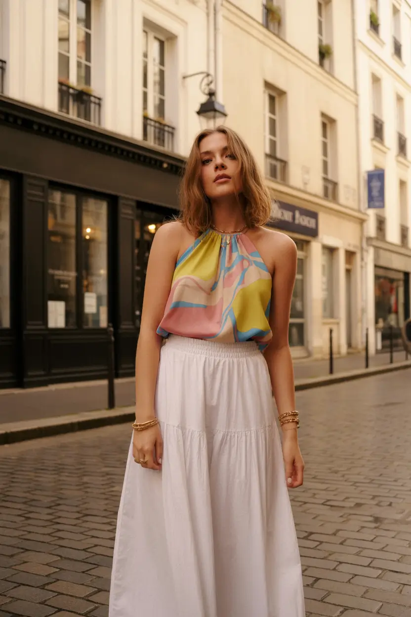 natural spring vacation outfits 2026 Pastel Halter Top and White Maxi Skirt for a Soft European Spring