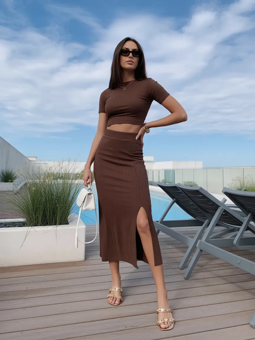 natural spring vacation outfits 2026 Chocolate Two-Piece Set for Warm Evenings in Europe or Mexico