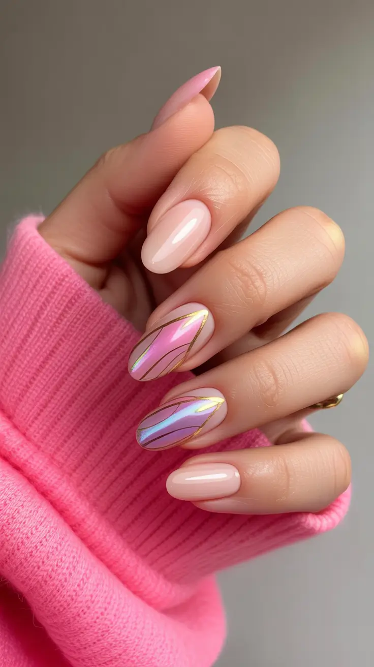 fun spring nails 2026 Iridescent petal lines over blush almond