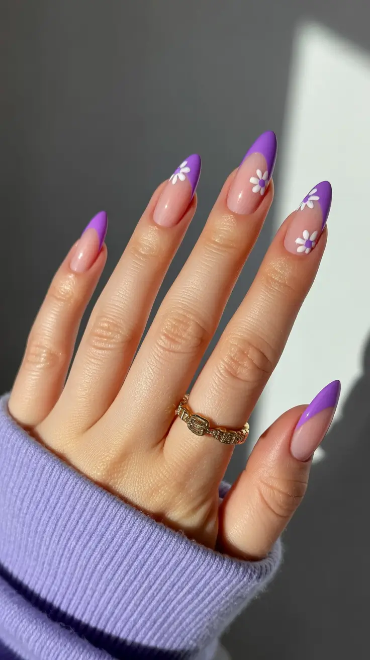 fun spring nails 2026 Lavender French bloom on soft almond tips