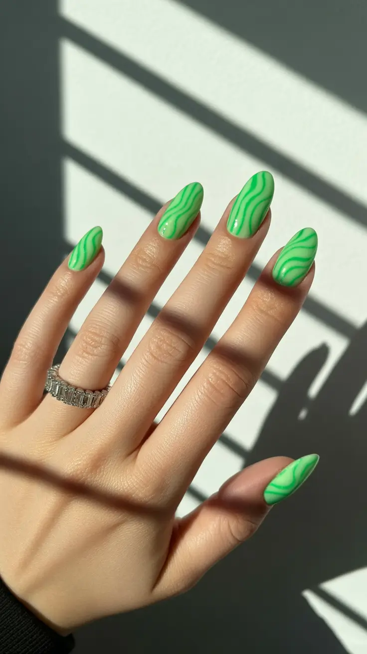 fun spring nails 2026 Neon green wave pattern on almond