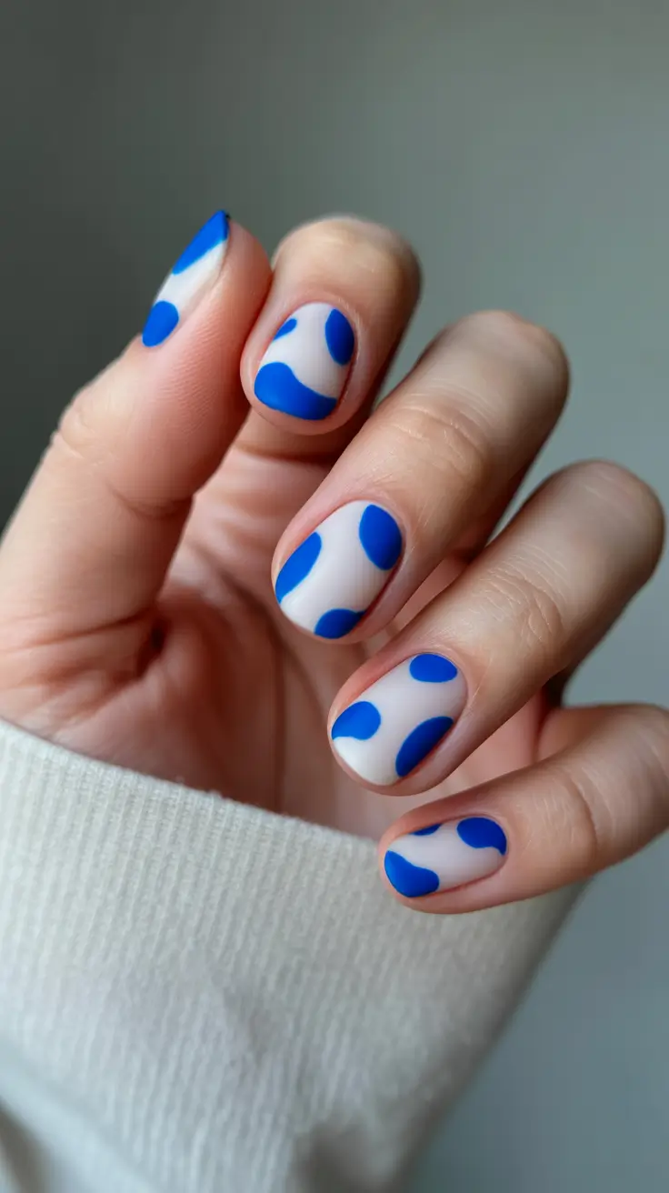 fun spring nails 2026 Blue abstract spots on short rounded square