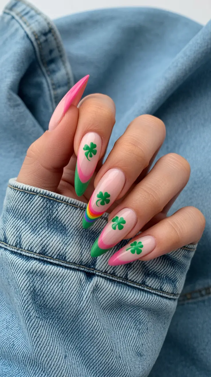 fun spring nails 2026 Pink and green clover spring graphics