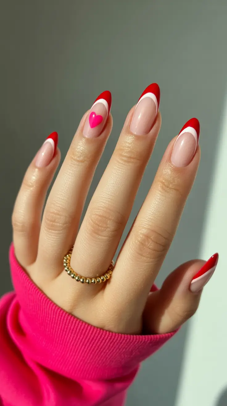 fun spring nails 2026 Playful red micro heart French revival