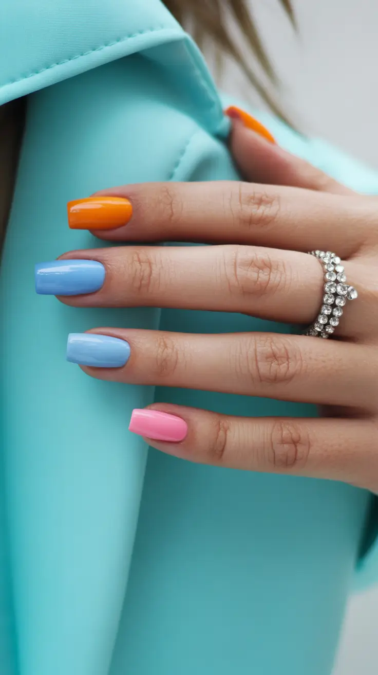 fun spring nails 2026 Color block short square in bright spring tones