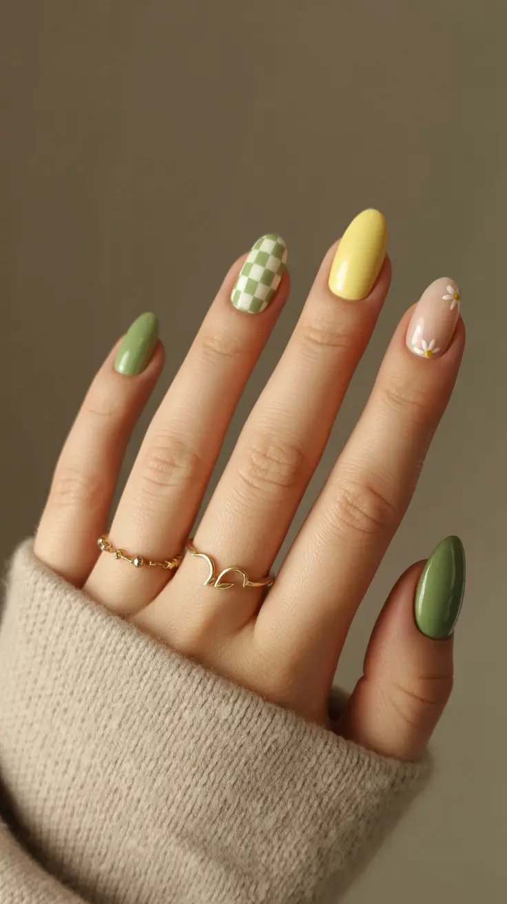 fun spring nails 2026 Fresh green mix with checker and daisies