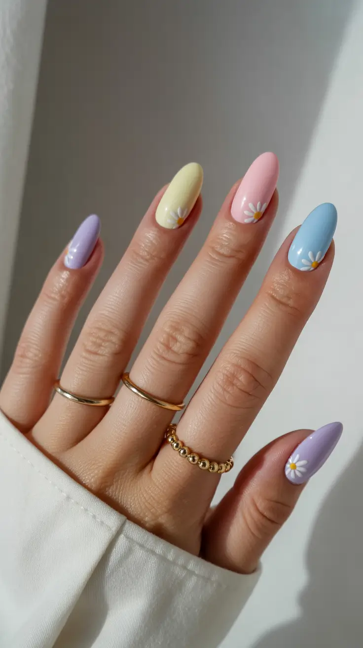 fun spring nails 2026 Pastel daisy garden in soft spring palette