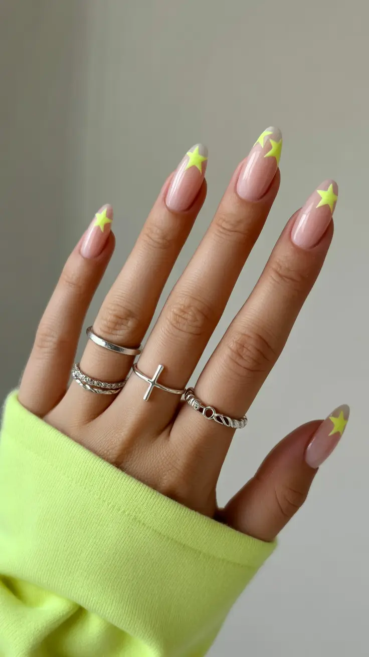 fun spring nails 2026 Neon star accents on sheer almond base