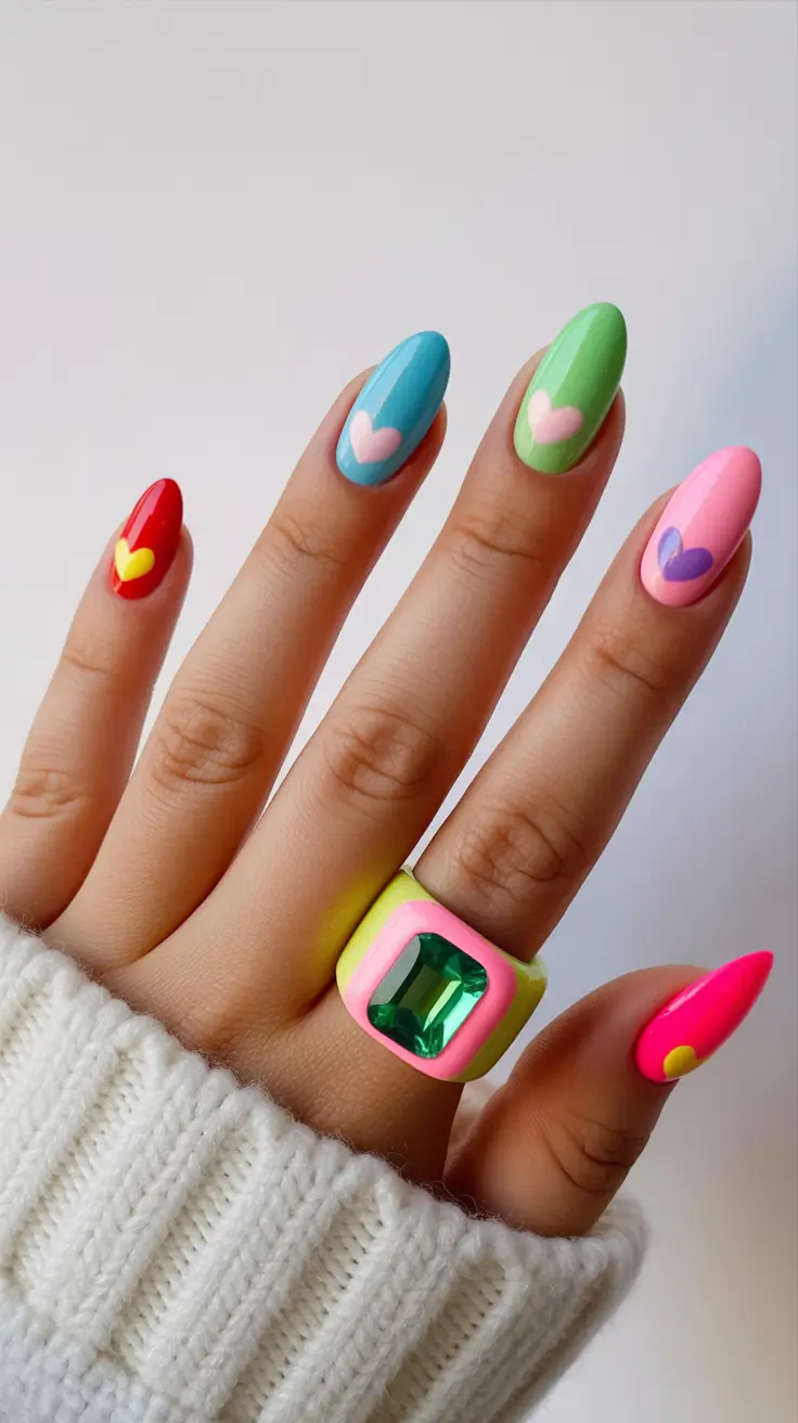 fun spring nails 2026 Rainbow heart pop art in glossy almond