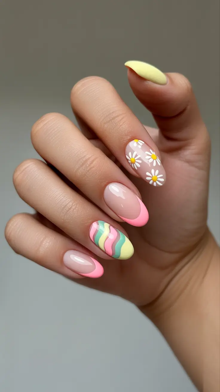 fun spring nails 2026 Pastel mix French and daisy spring composition