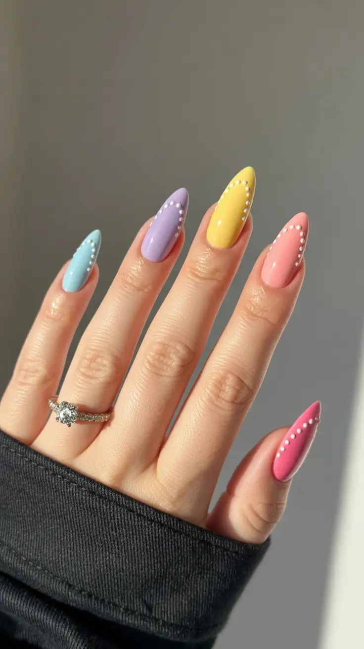 fun spring nails 2026 Rainbow pastel almond with dotted borders