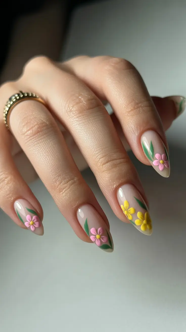 fun spring nails 2026 Minimal nude florals in soft almond art