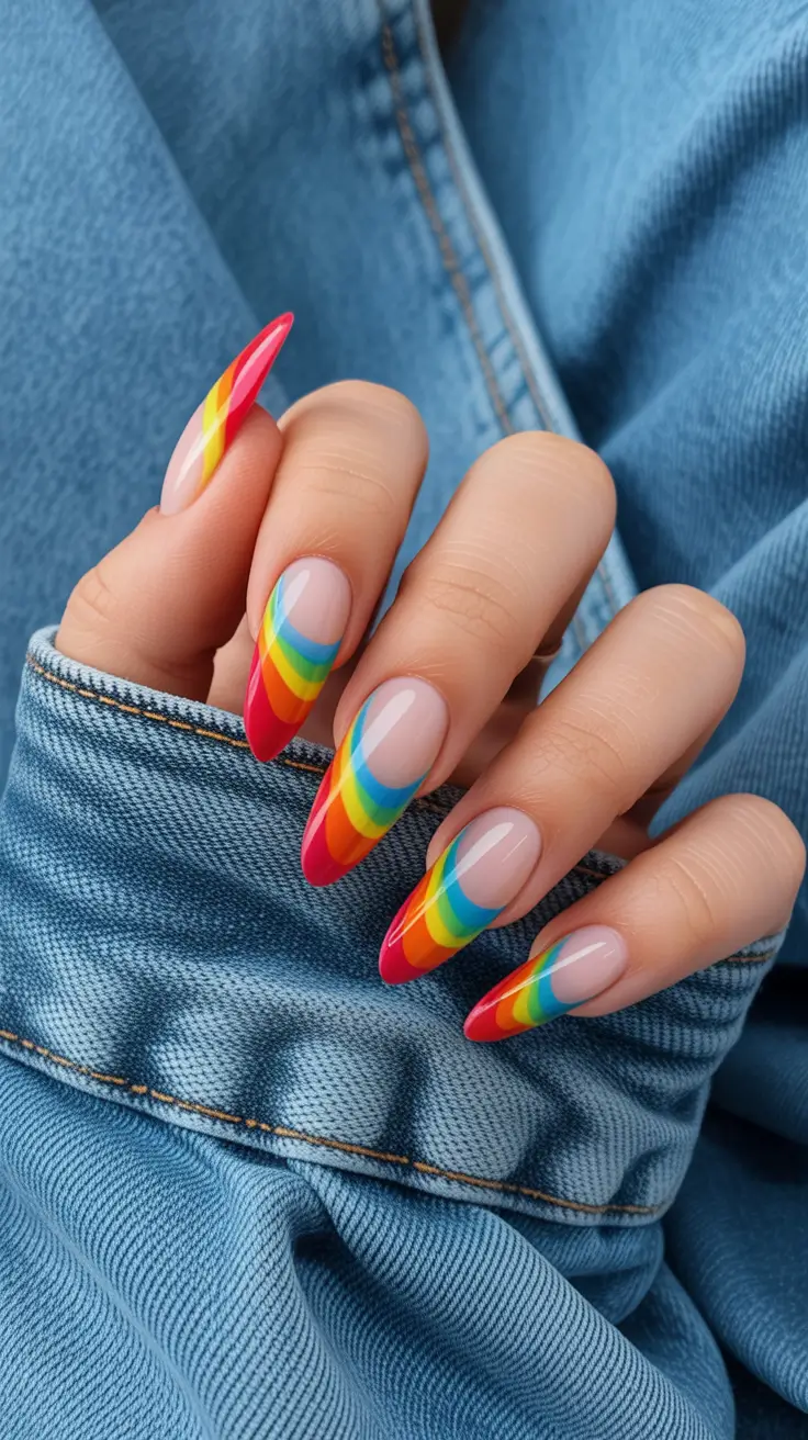 fun spring nails 2026 Rainbow French arc on elongated almond