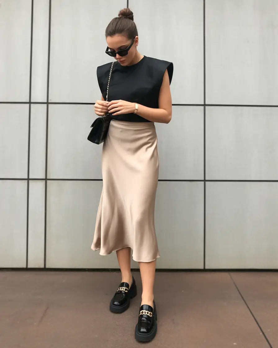polished spring business casual outfits 2026 Satin Skirts and Sculpted Shoulders for Women 2026