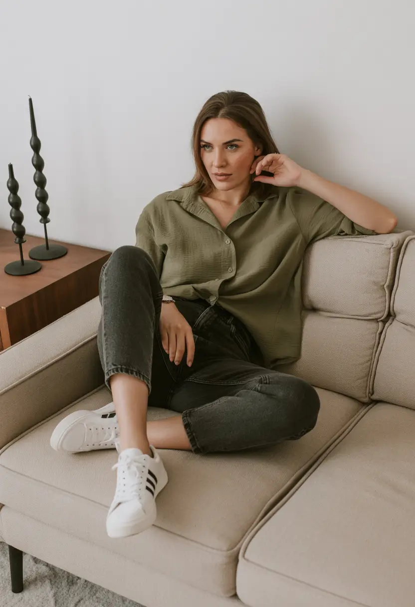 polished spring business casual outfits 2026 Relaxed Greens and Women Jeans for Calm Off-Duty Workdays