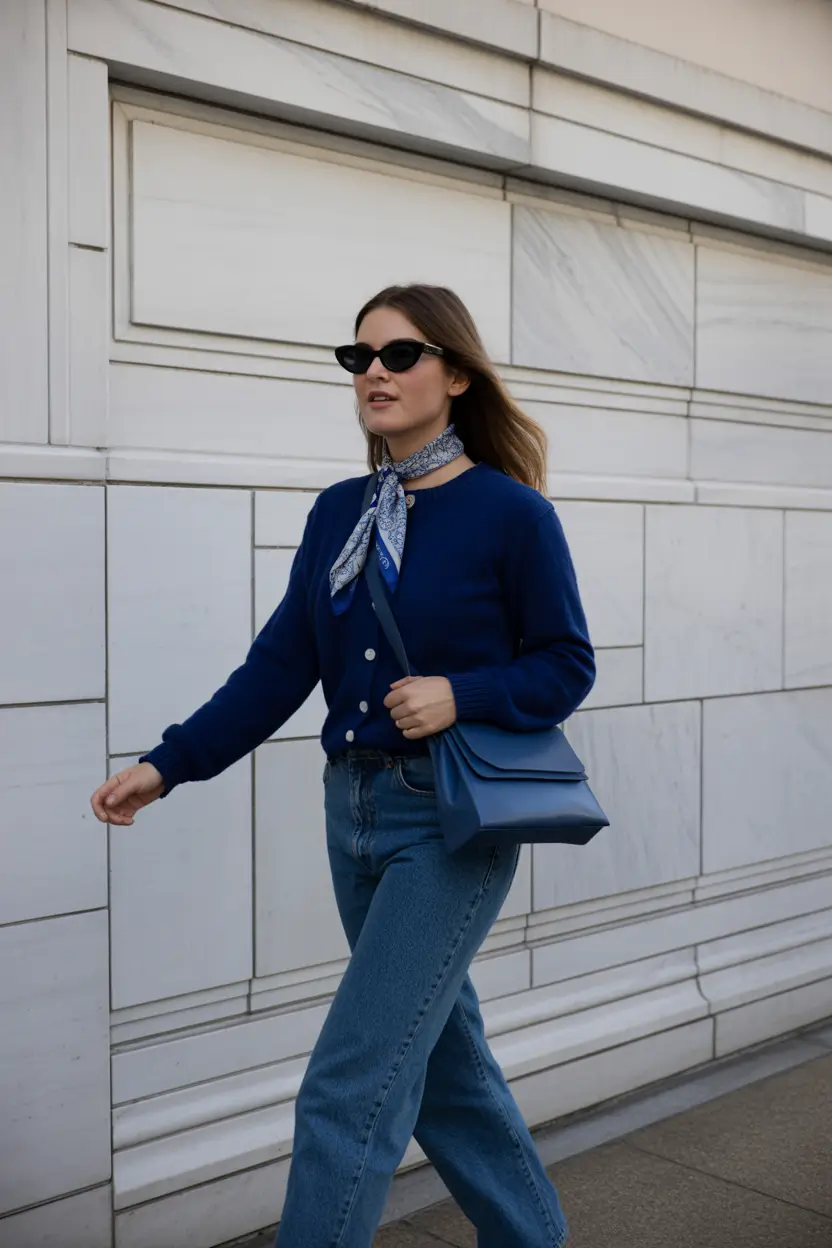 polished spring business casual outfits 2026 All-Blue Chic with Jeans and Tailored Knitwear