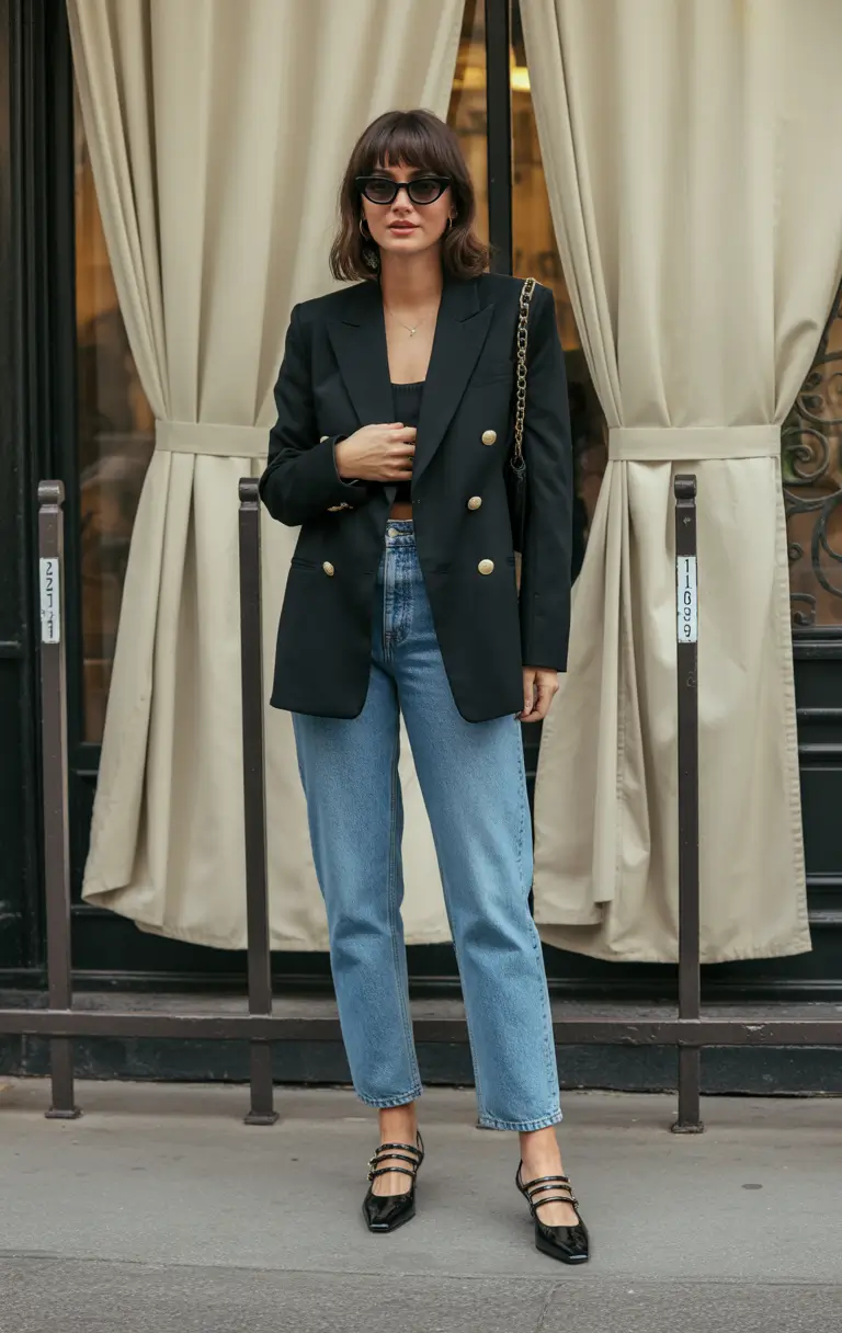 polished spring business casual outfits 2026 Double-Breasted Black and Denim for Confident Women 2026