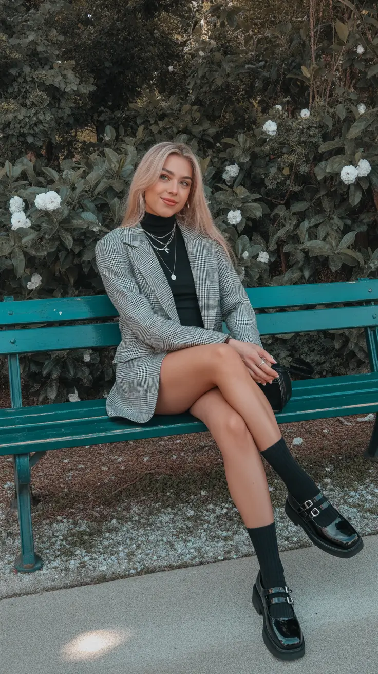 polished spring business casual outfits 2026 Glen Plaid Layers with Black Accents for Early Spring Chill