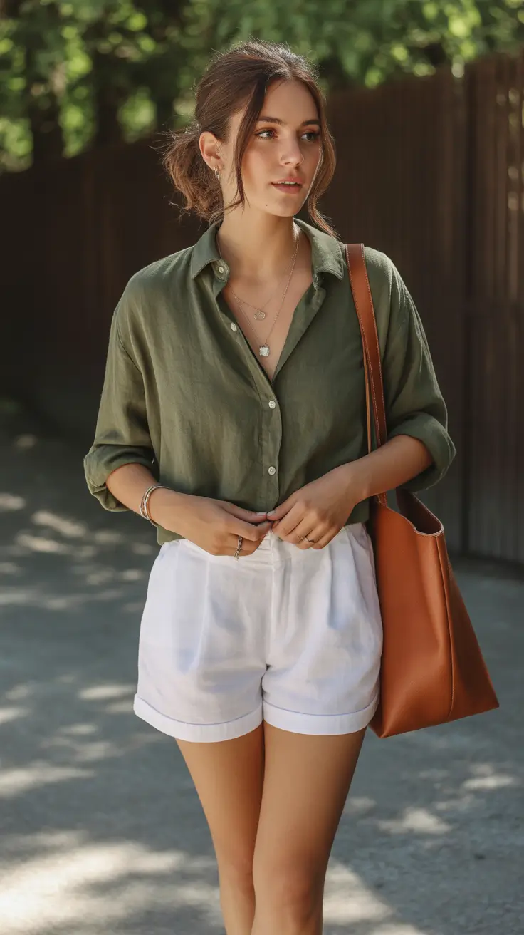 polished spring business casual outfits 2026 Soft Greens and White Shorts for Light, Breezy Spring Style