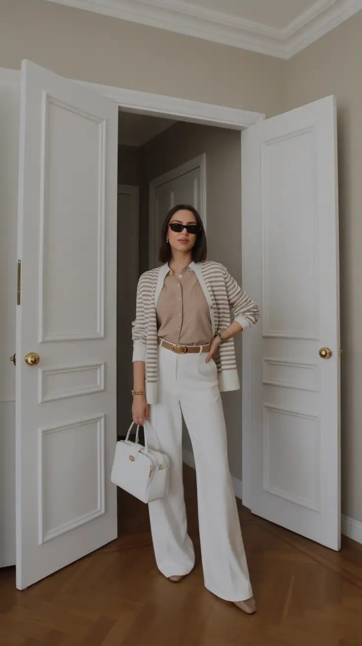 polished spring business casual outfits 2026 Soft Stripes and Tailored Cream for Classic Women Work Wear