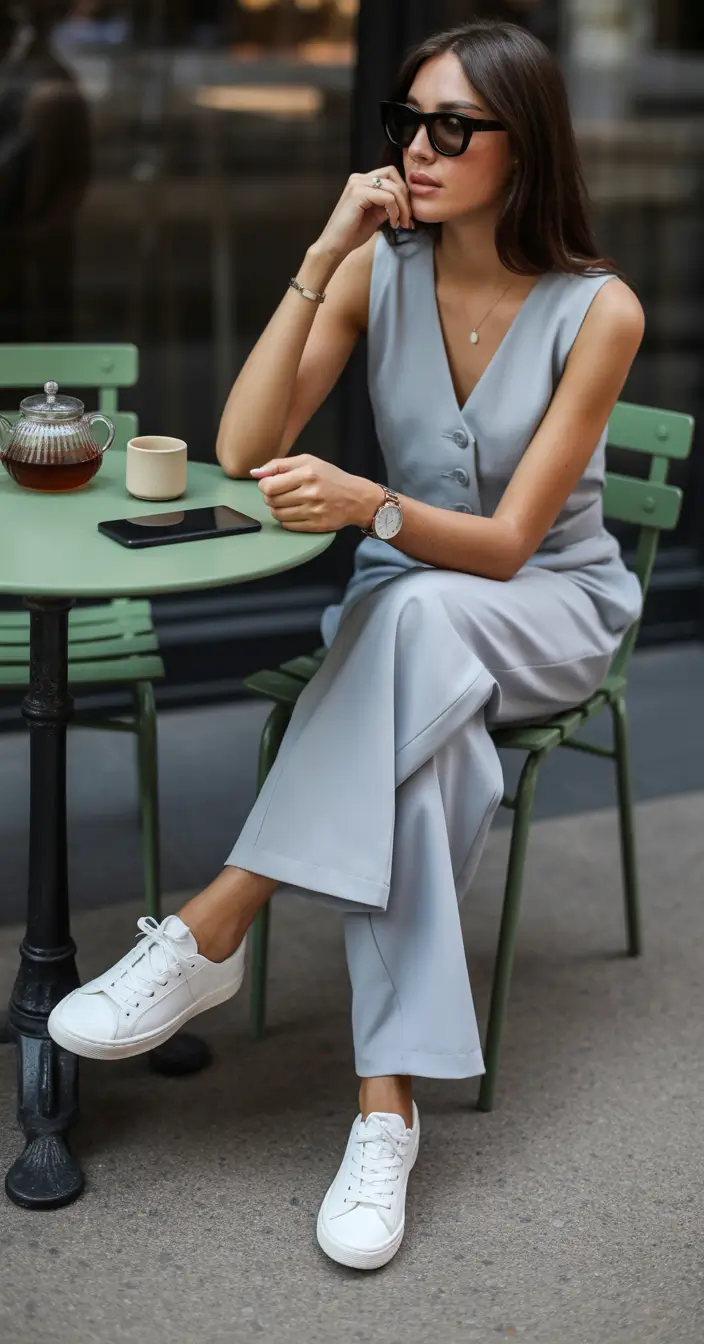 polished spring business casual outfits 2026 Monochrome Greys with Relaxed Sneakers for Cool Spring Mornings