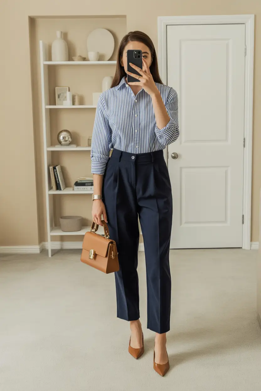Business casual Crisp Stripes and Navy Tailoring for Intentional Spring Structure