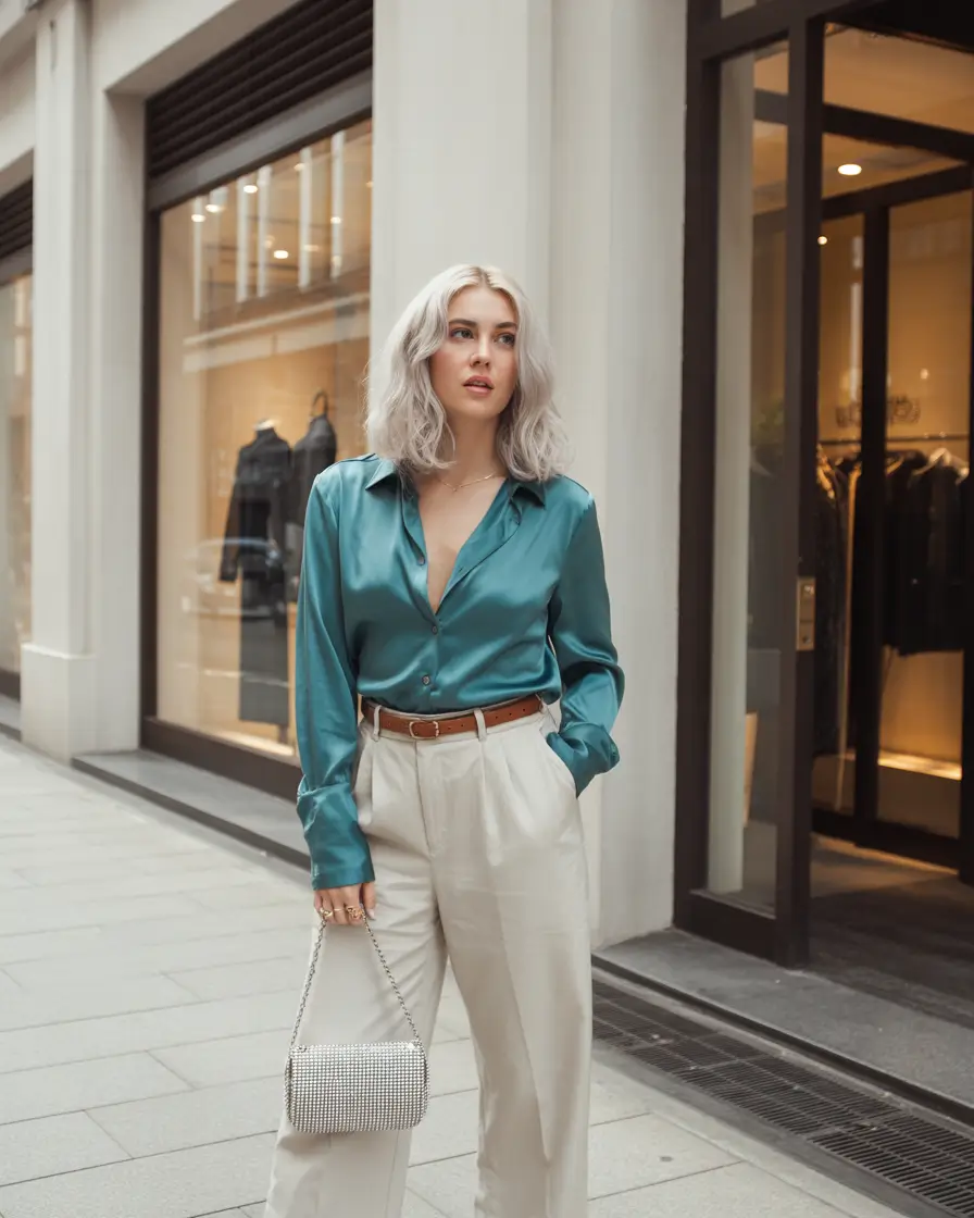 Business casual Satin Teal and Cream Tailoring for Bold Spring Elegance