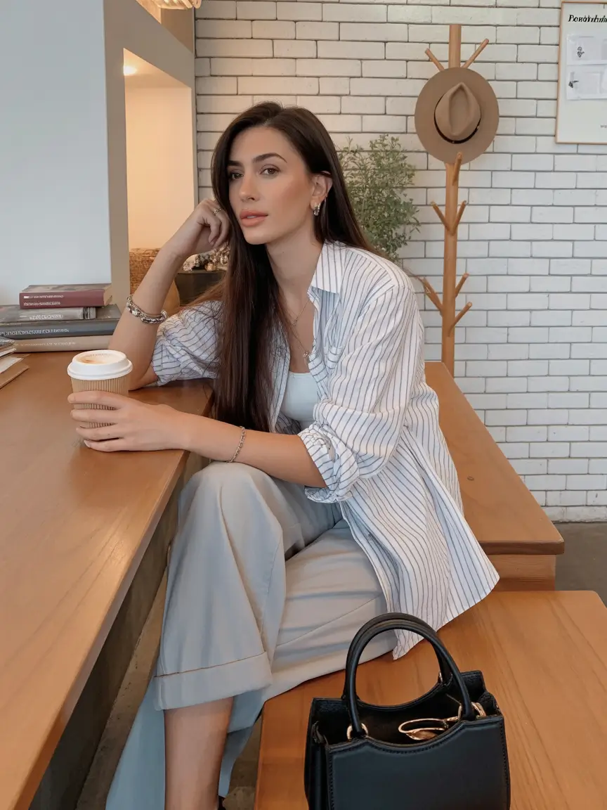 Business casual Soft Stripes and Cool Tones for a Coffee-Break Work Uniform